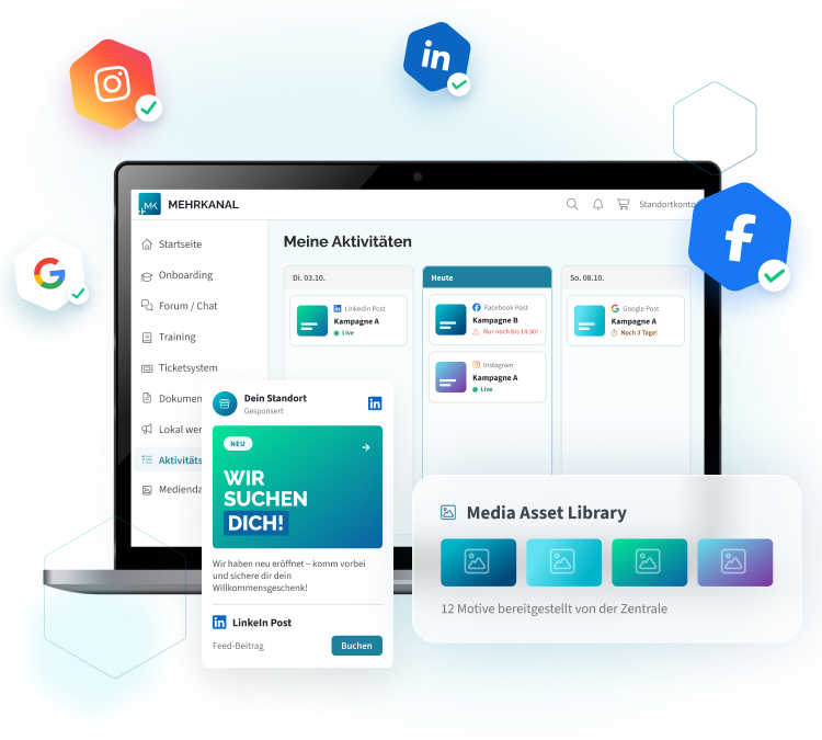 MEHR:Social mit Aktivitätsboard und Media Asset Library, umgeben von Logos der anbindbaren Portale